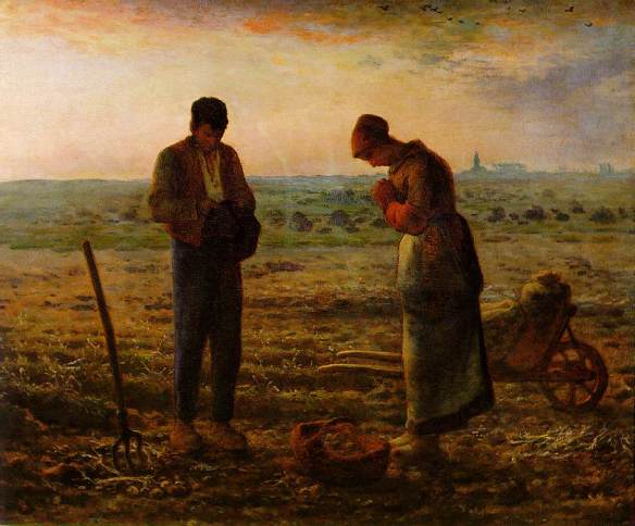 Two  rural workers bow their heads in silence as the church bells ring in this painting by Jean-François Millet. But what does their silence mean? Are they praying for the potato harvest, or, as Salvador Dali maintained, praying over the grave of their dead child?